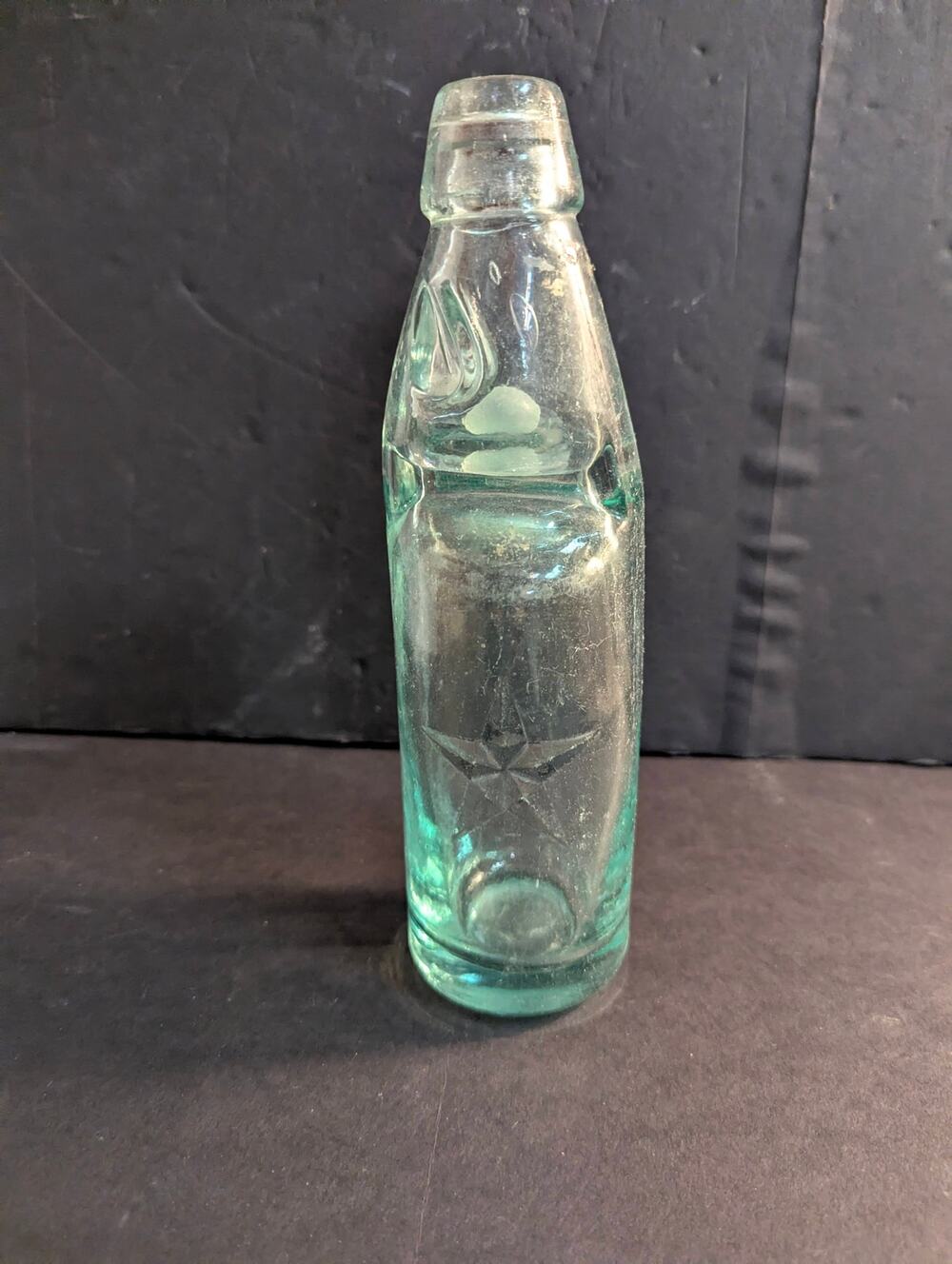 Antique Codd Neck Glass Soda Bottle Aqua Embossed Star Marble Stopper